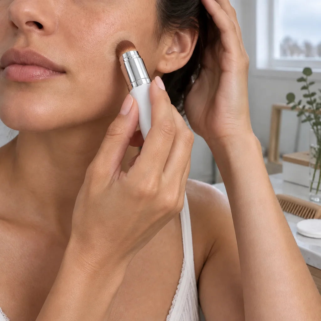 Continue the source square image with the same woman, lower-face crop, bedroom vanity corner, comb,