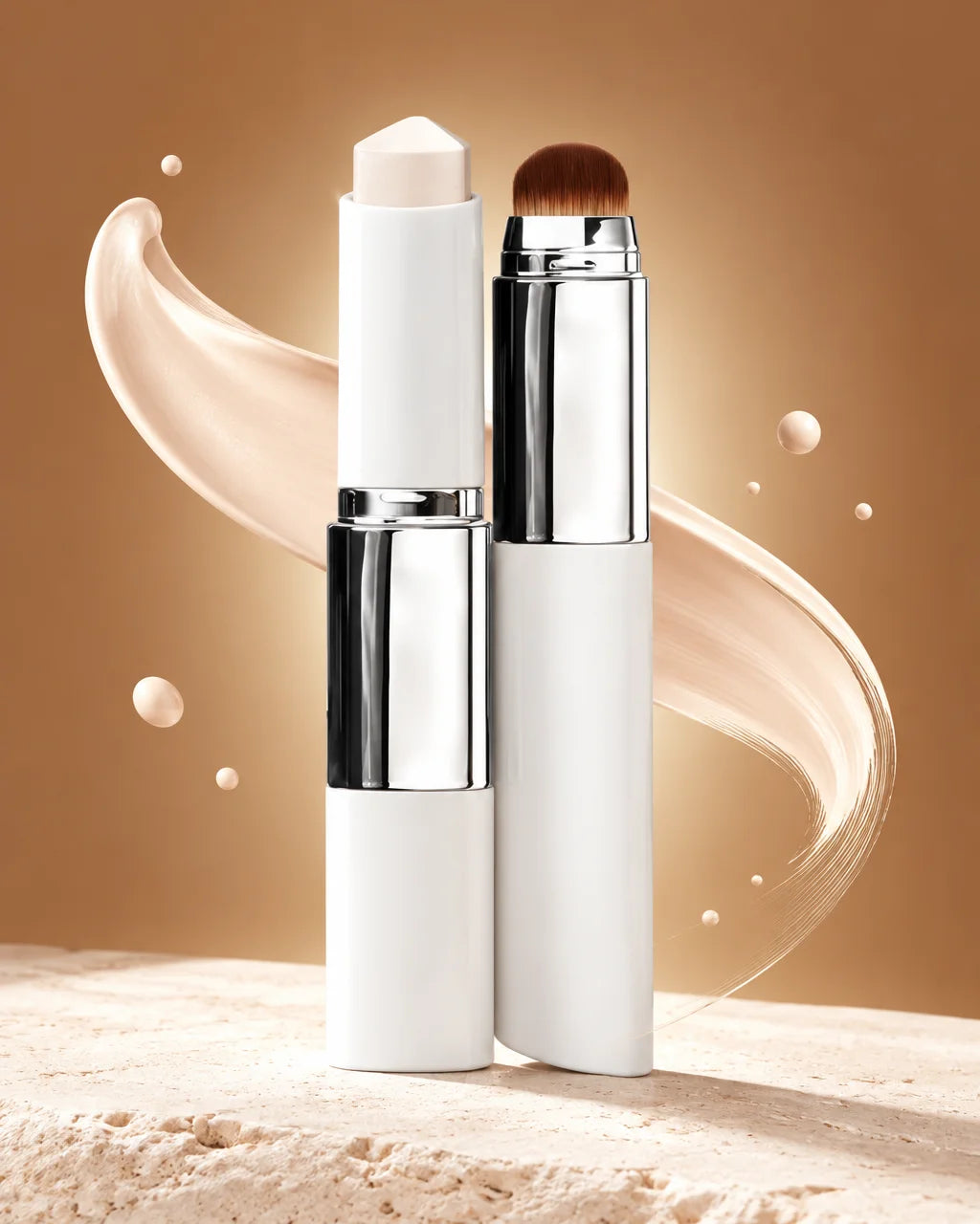 A striking beauty hero photograph: the exact Luméa foundation stick from the reference, white cylind