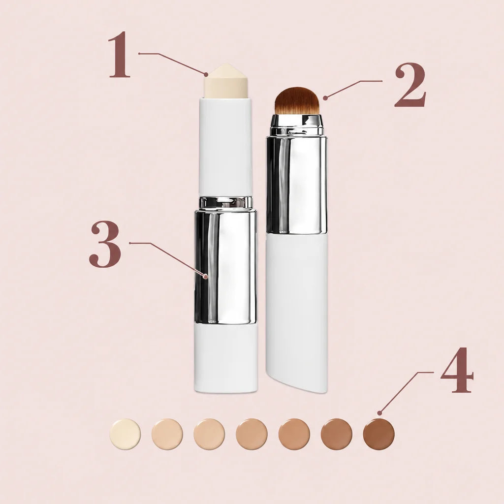 A square clean product diagram with the exact Luméa stick as the central object, opened to show the
