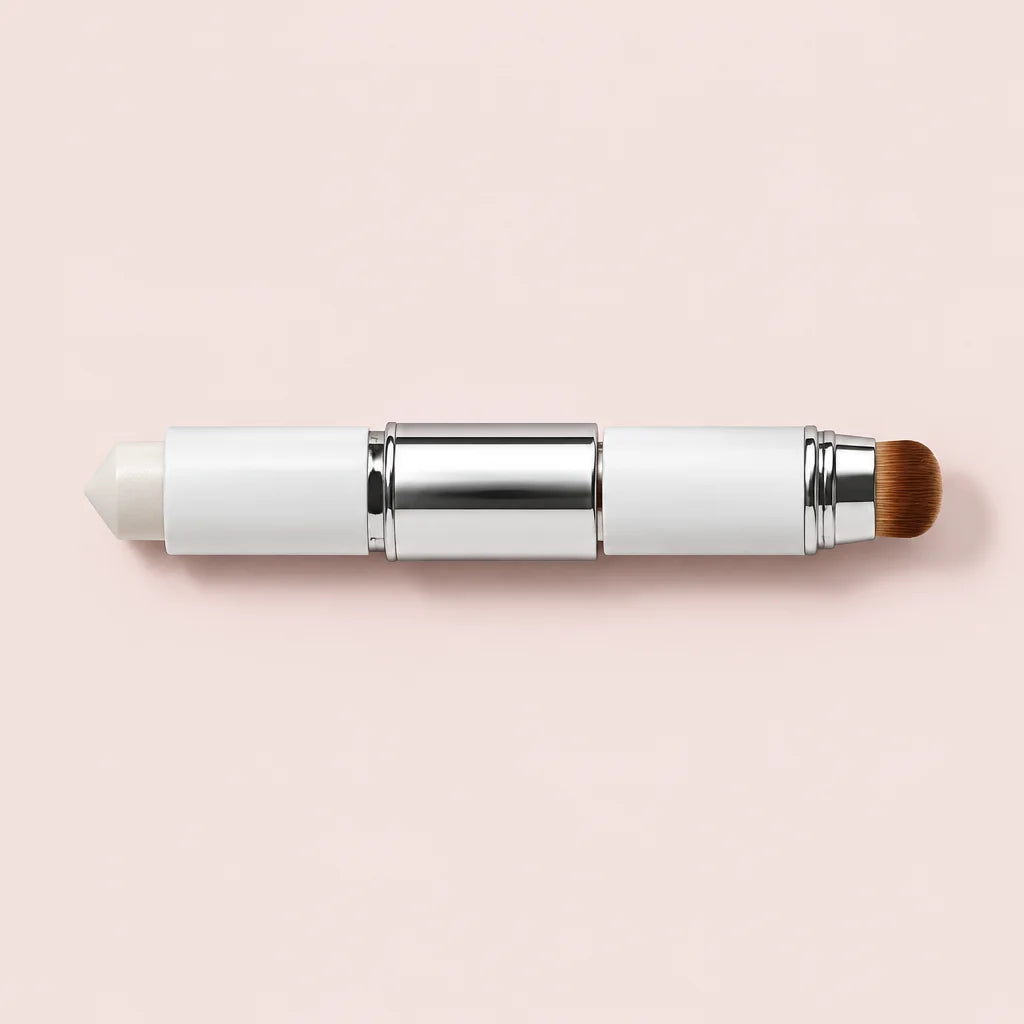 A square top-down product photograph of the exact Luméa stick laid open horizontally, white cylindri