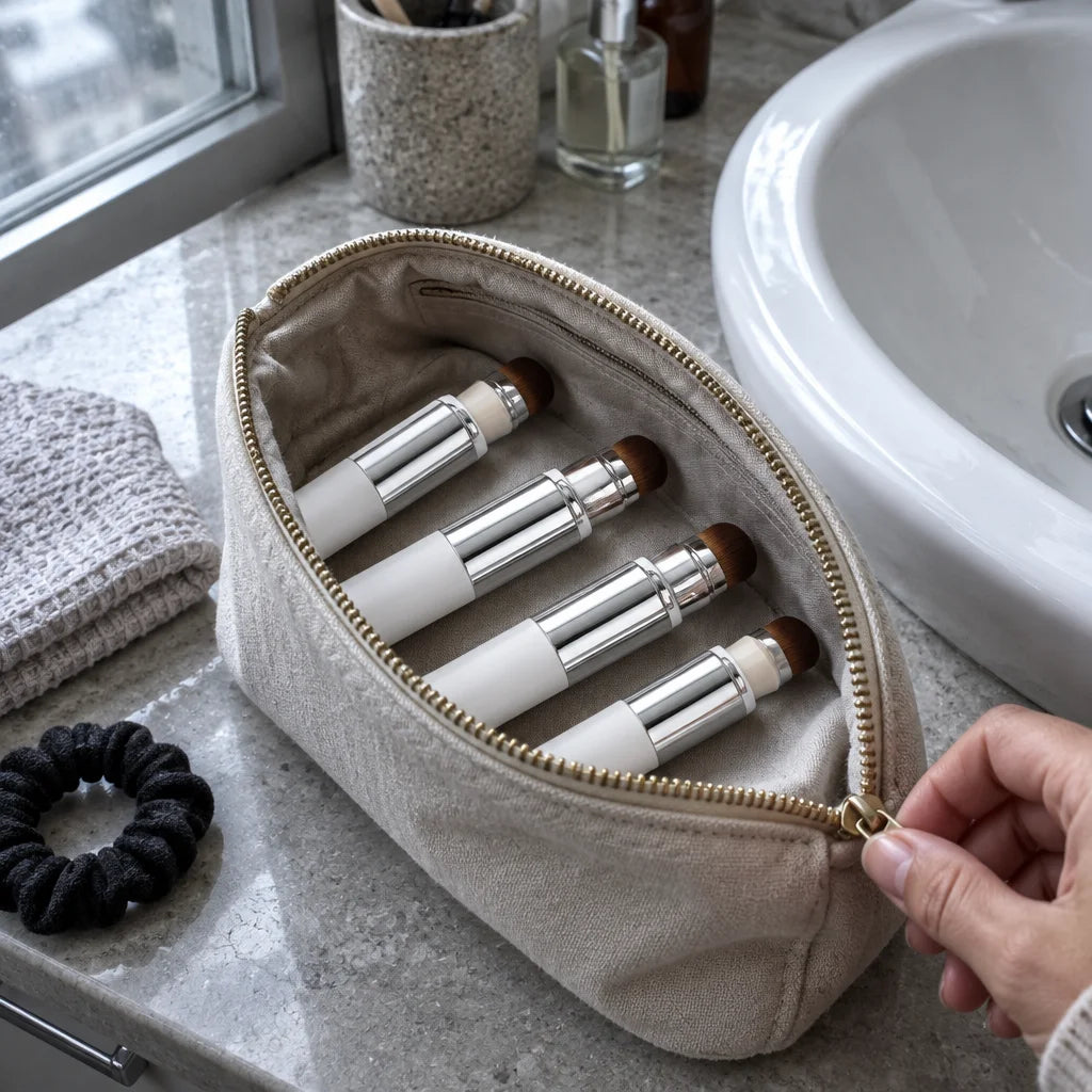 A square photograph of exactly three complete identical Luméa 2-in-1 sticks in a real morning travel