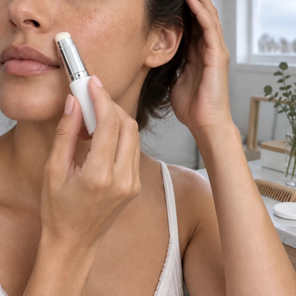 Continue the same square source sequence, same woman, crop, bedroom vanity corner and cool cloudy wi