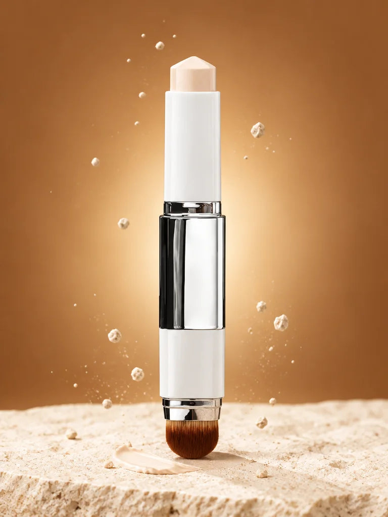 A portrait studio photograph opening the product gallery: the exact Luméa foundation stick stands up