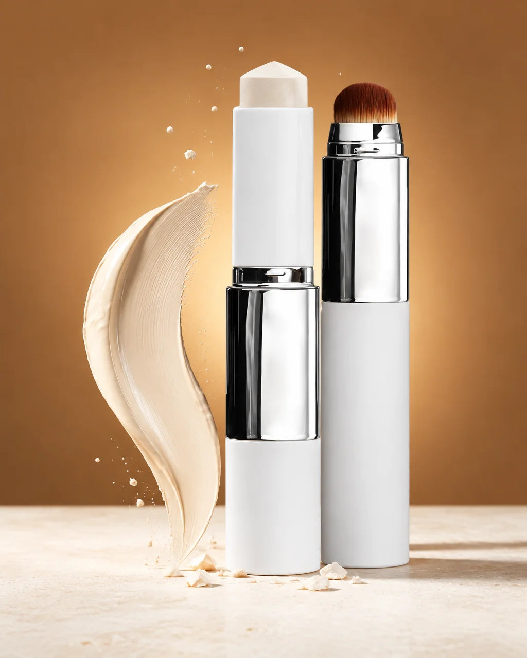 A close studio photograph of the exact Luméa white cylindrical foundation stick from the reference,