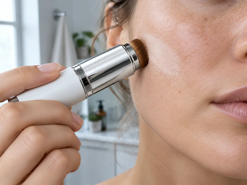 A horizontal close beauty-use photograph of the integrated brown brush on the exact white-and-silver