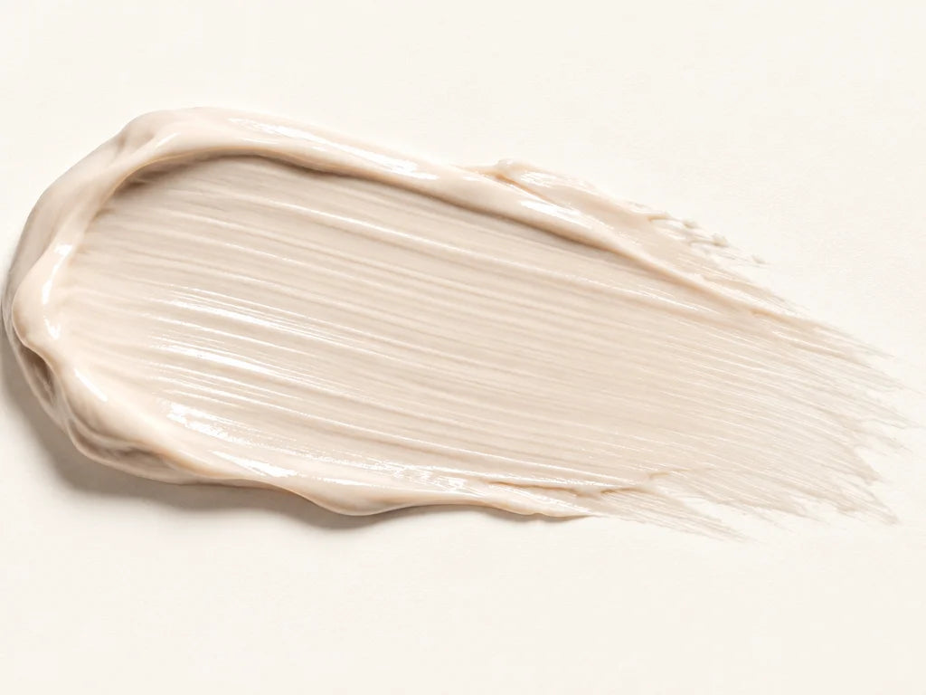 A horizontal extreme macro of the pale foundation cream alone, freshly drawn from the exact Luméa st