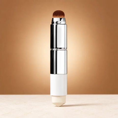 A square studio photograph of exactly one complete Luméa 2-in-1 foundation stick, faithfully matchin