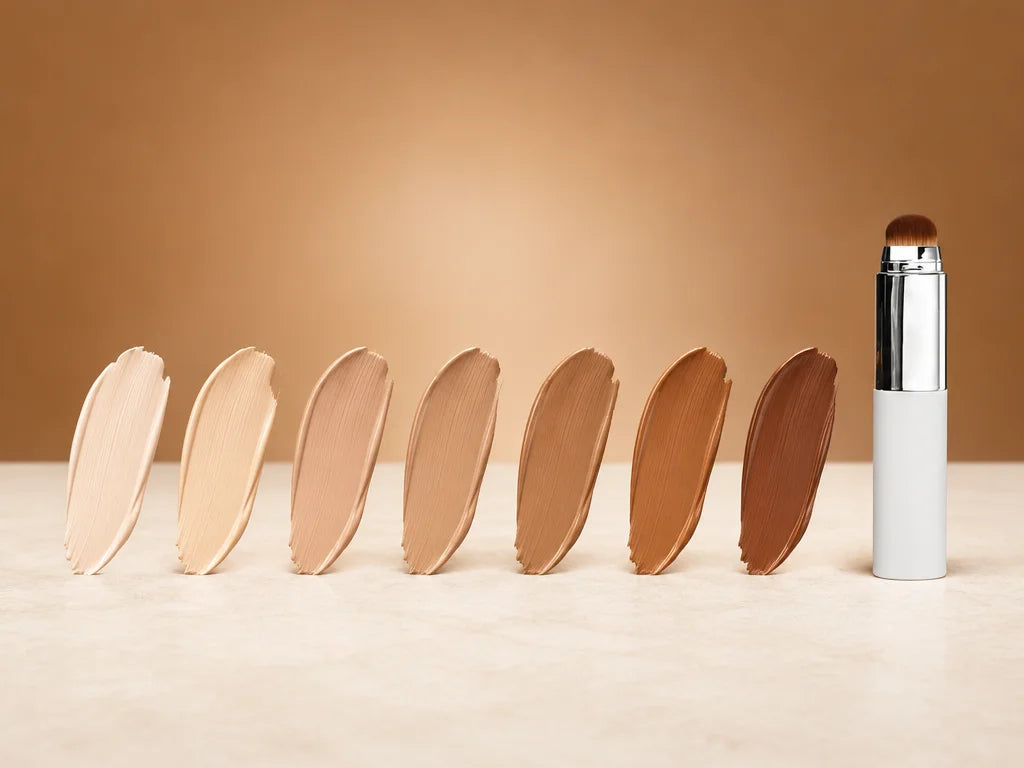 A horizontal studio shade comparison: exactly seven separate foundation swatches, evenly spaced in a
